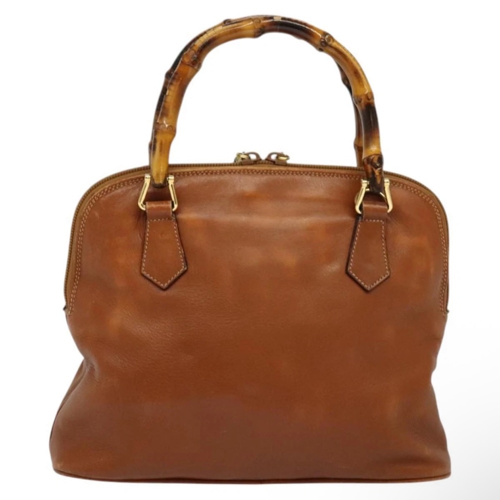 Gucci Vintage Bamboo Handle Top Zip Bag – Brown Caramel Leather, Crossbody Strap - Picture 2 of 13
